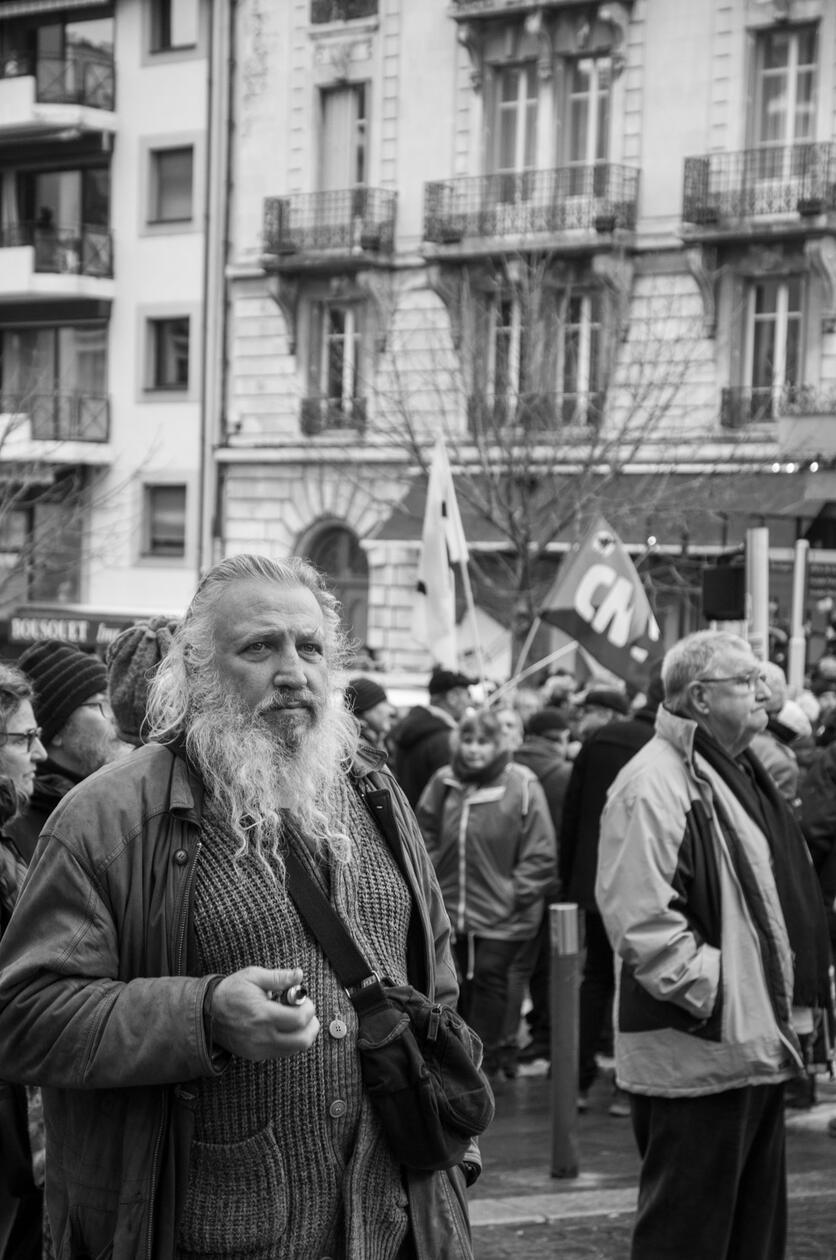 Black and White Street Photography of Peaceful Protest Capturing Human Expression and Social Activism in Urban Europe
