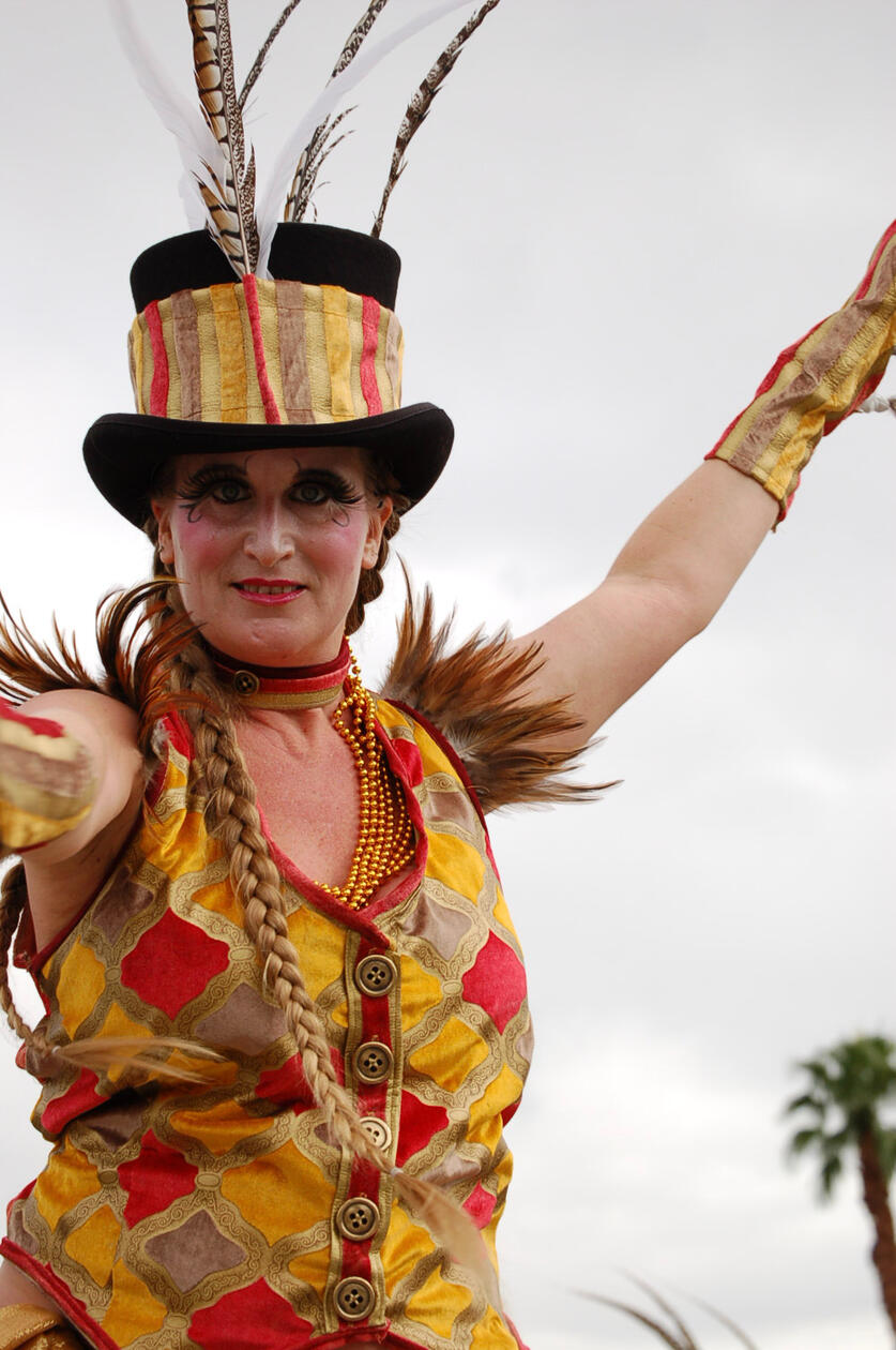 Colorful Festival Performer Photography in Carnival Costume — Expressive Street Portrait with Feathered Hat and Bold Makeup