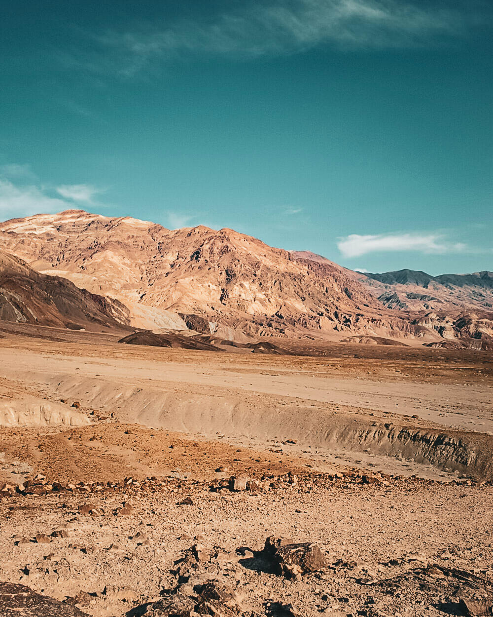 Desert Landscape Photography of Death Valley National Park Featuring Rugged Mountains and Expansive Arid Terrain Under a Clear Blue Sky